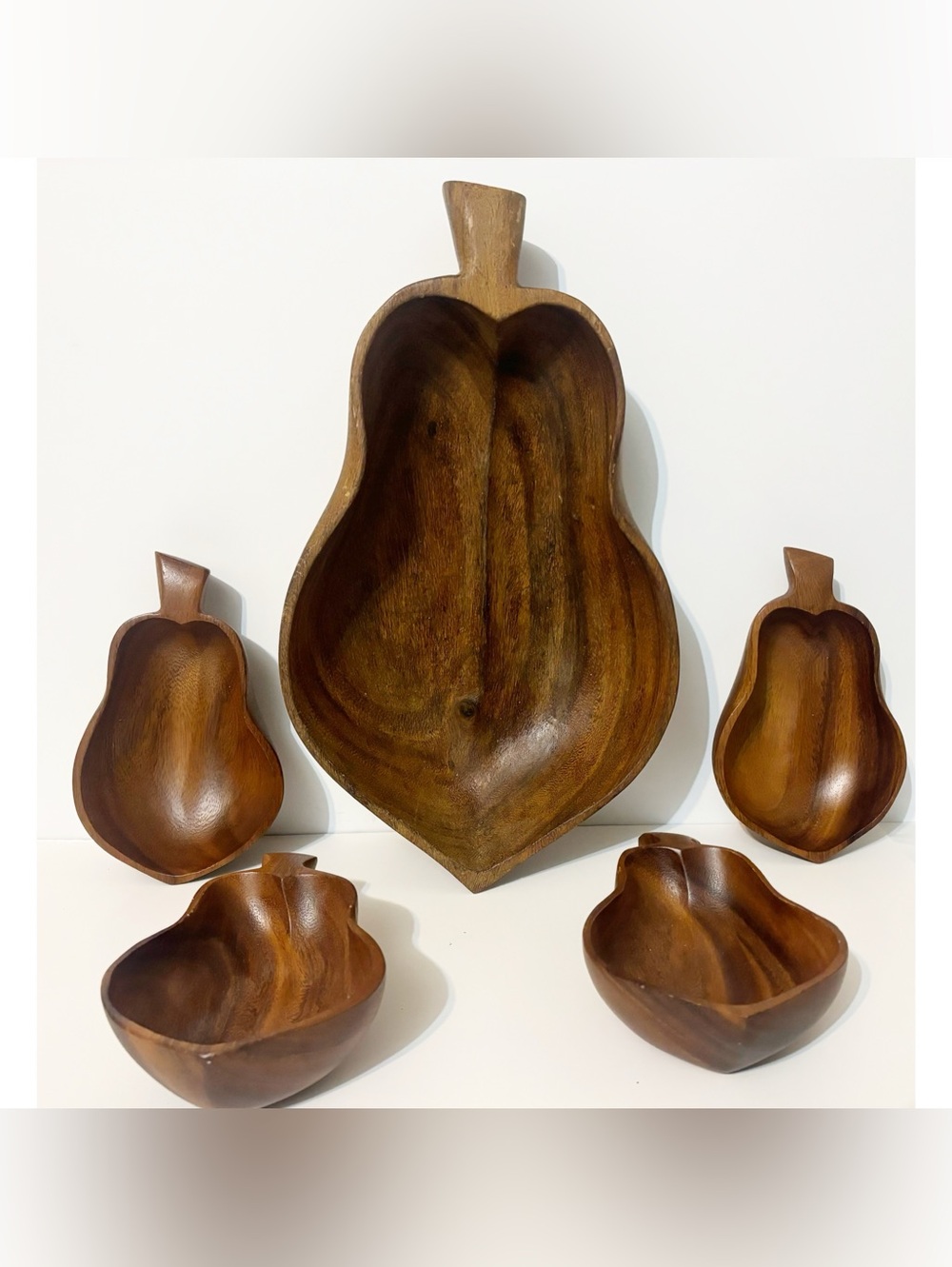 Vintage 70's "Monkey Pod" Hand Carved Pear Shaped Wooden 5Pc Serving Bowls Set